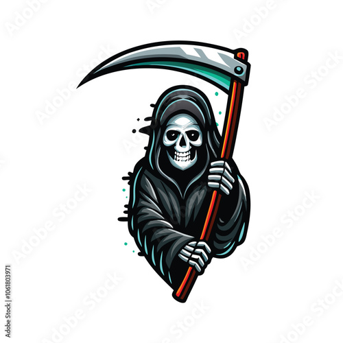 A menacing, skeletal Grim Reaper shrouded in darkness, wielding a large, sharp scythe. The image evokes a sense of fear and mortality.