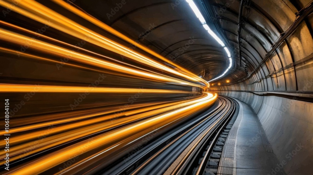 Obraz premium A long-exposure view of a fast-moving train in a curved tunnel at night, showcasing vibrant light trails and the motion of transit