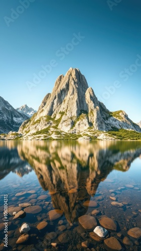 A towering mountain peak reflects perfectly in the calm waters of a lake