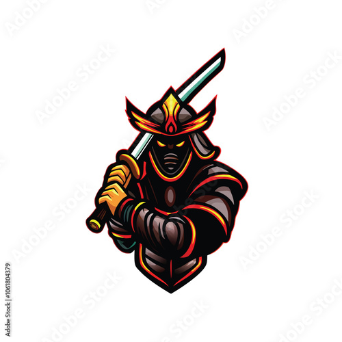 A fierce samurai, bathed in neon light, stands resolute, his katana held high, ready for battle.