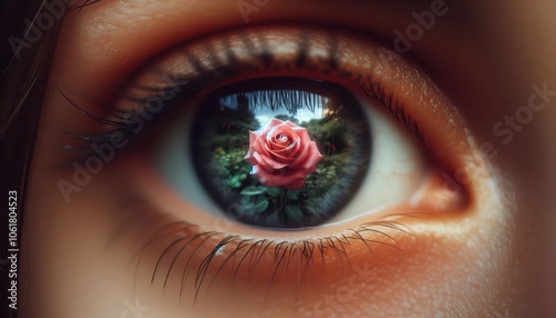 Reflection of the rose in the eyes of a girl