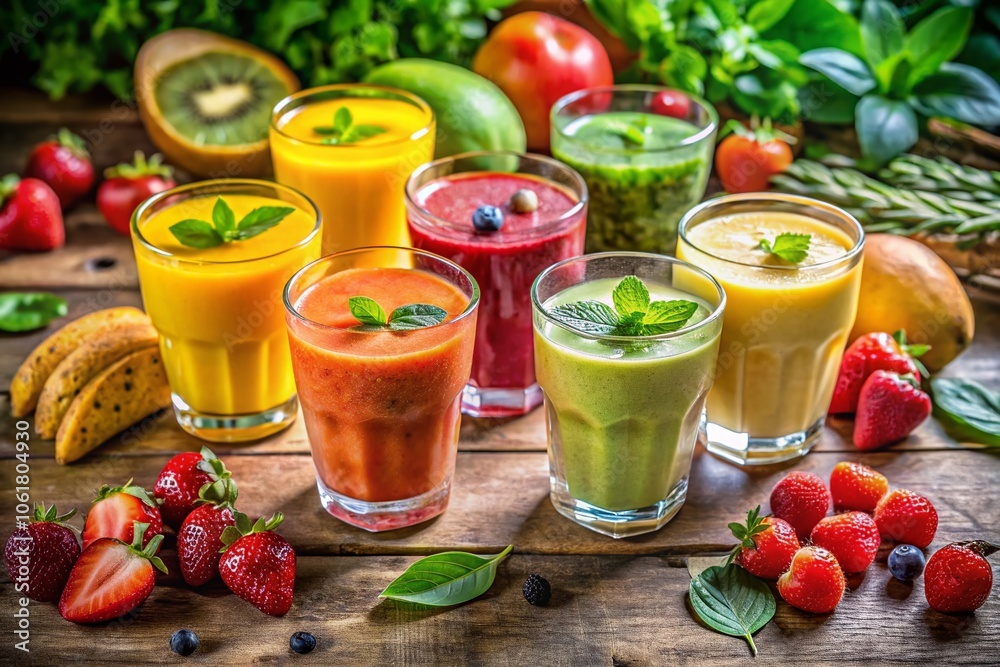Refreshing Fruit Smoothies on Rustic Wooden Table - Delicious Drinks for Summer, Healthy Beverage Ideas, Vibrant Colors, Tropical Flavors, and Nutrient-Rich Ingredients Refreshing Fruit Smoothies on Rustic Wooden Table - Delicious Drinks for Summer, Healthy Beverage Ideas, Vibrant Colors, Tropical Flavors, and Nutrient-Rich Ingredients