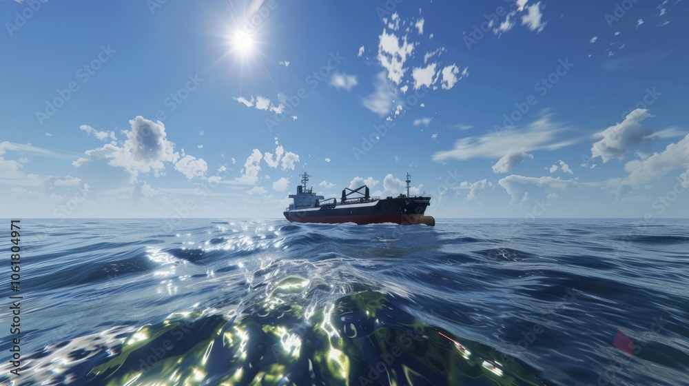 Naklejka premium Majestic tanker navigating the ocean under a vibrant sky, showcasing size and adventure at sea