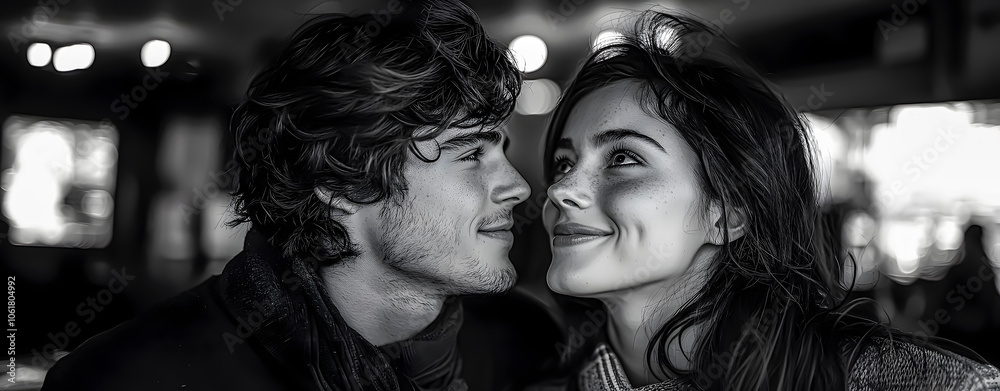 Fototapeta premium Black and white image of a young couple engaged in marriage.