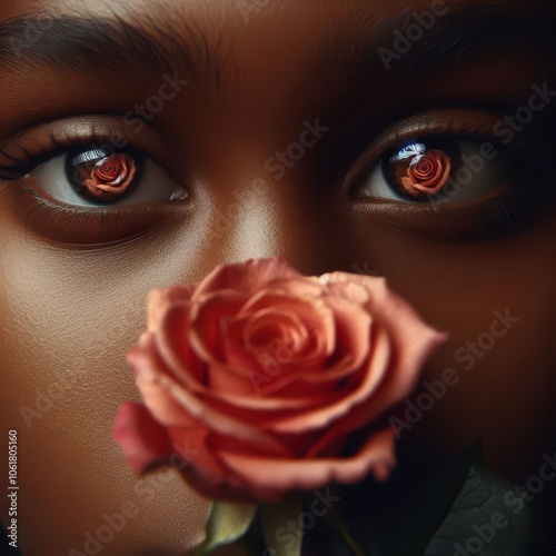 Reflection of the rose in the eyes of a girl photo