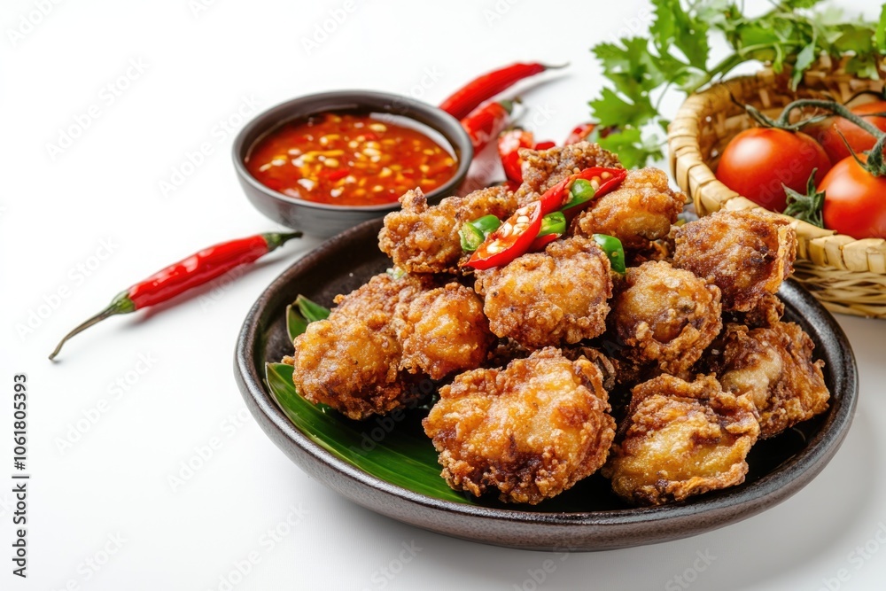 Plate of fried chicken with a dipping sauce and a bowl of tomatoes. The plate is on a white background Plate of fried chicken with a dipping sauce and a bowl of tomatoes. The plate is on a white background