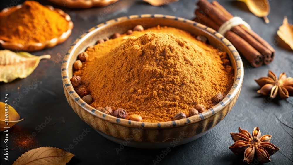 A bowl of ground cinnamon with whole allspice berries, cinnamon sticks, and star anise on a dark rustic background. A bowl of ground cinnamon with whole allspice berries, cinnamon sticks, and star anise on a dark rustic background.