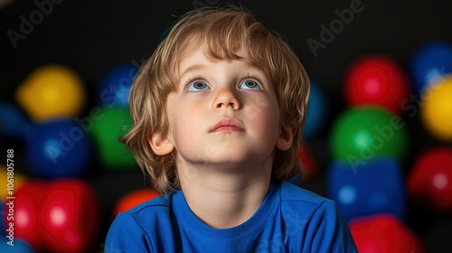 Curious Child Looking Up at Colorful Balls