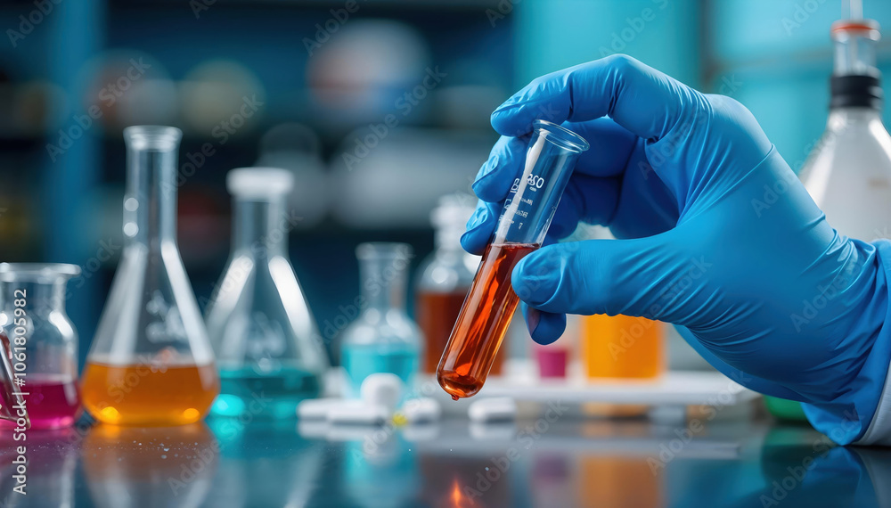 scientist hand in blue glove holds test tube with orange liquid, surrounded by various glassware filled with colorful liquids, showcasing vibrant laboratory environment scientist hand in blue glove holds test tube with orange liquid, surrounded by various glassware filled with colorful liquids, showcasing vibrant laboratory environment