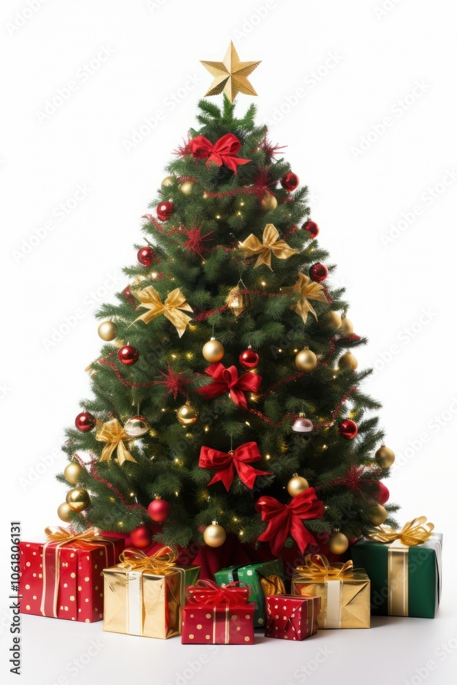 Christmas tree with gifts and holly around it plant white background anticipation. Christmas tree with gifts and holly around it plant white background anticipation.