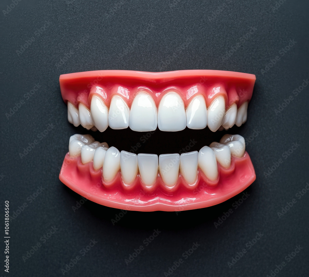 Obraz premium A vibrant, realistic dental model showcasing full upper and lower human teeth, set against a dark background.
