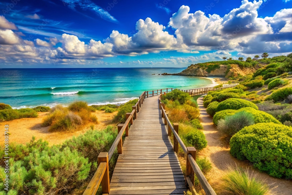 Fototapeta premium Scenic Boardwalk by the Beach in Rethymnon, Crete with Vibrant Blue Waters and Lush Surroundings, Perfect for Relaxation and Exploration in the Greek Islands