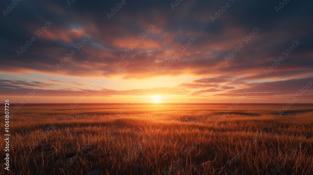 A stunning sunset casts warm hues over a vast, grassy landscape, creating a serene and picturesque scene. A stunning sunset casts warm hues over a vast, grassy landscape, creating a serene and picturesque scene.