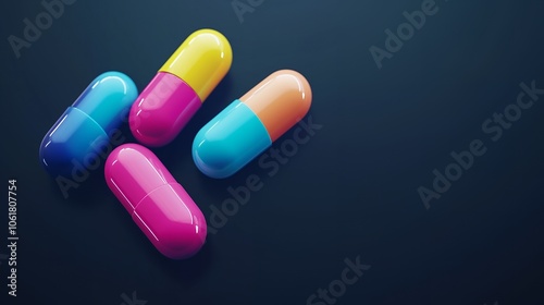 Four colorful capsules arranged in a diagonal pattern on a dark blue background.