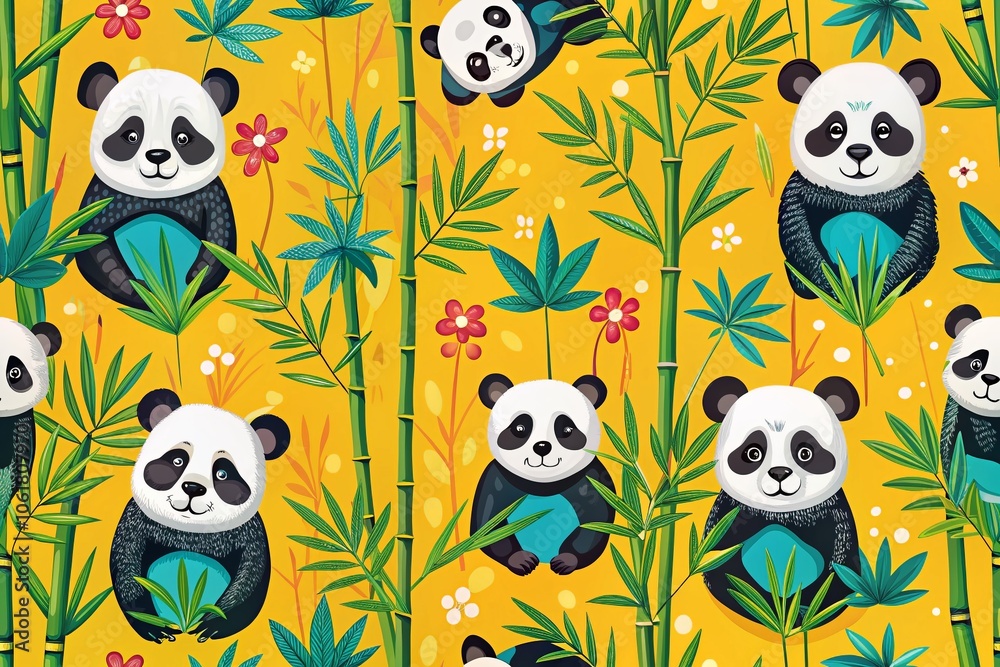 Fototapeta premium Seamless Pattern with Silhouette of Pandas, Bamboo, Nature, Wildlife, Black and White, Cute Animal Prints, Decorative Design, Textiles, Crafts, Children's Room Decor, Eco-Friendly Style