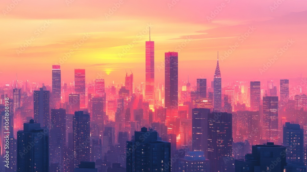 Obraz premium A vibrant city skyline at dusk showcasing tall skyscrapers illuminated by sunset hues
