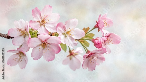 Japanese cherry blossoms with watercolor effect, featuring delicate pink flowers on a soft white background