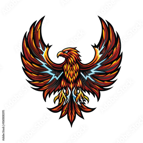 A majestic phoenix rising from flames, its wings and tail adorned with swirling electric currents and glowing neon accents, symbolizing rebirth and power.