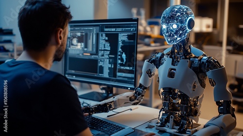 A man in a lab setting works at a computer next to a humanoid robot with a glowing blue head.