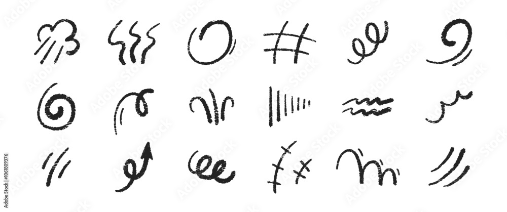 Line movement elements with crayon, chalk and pastel texture. Outline vector illustration. Line movement elements with crayon, chalk and pastel texture. Outline vector illustration.