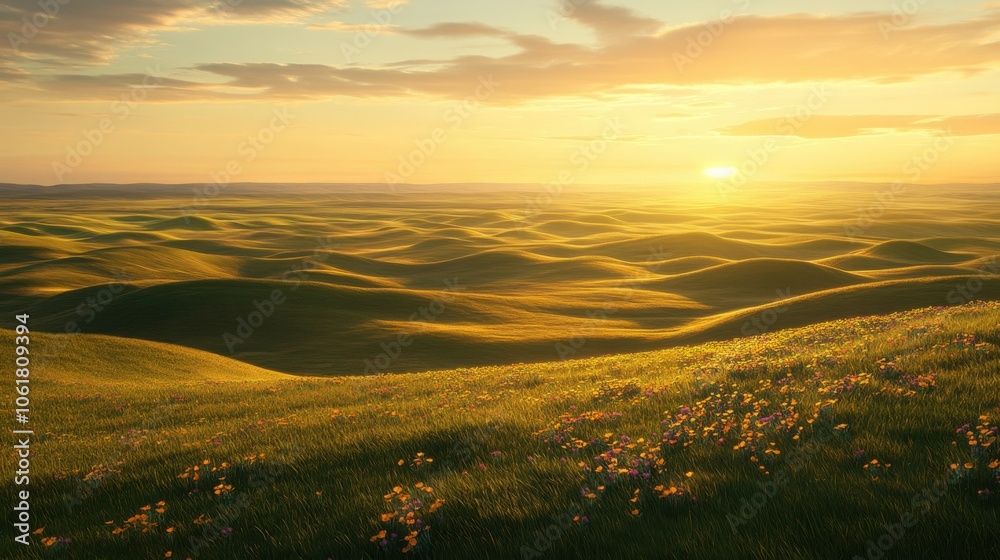 Fototapeta premium A stunning sunset over the Sandhills, casting golden light on the rolling landscape and vibrant wildflowers