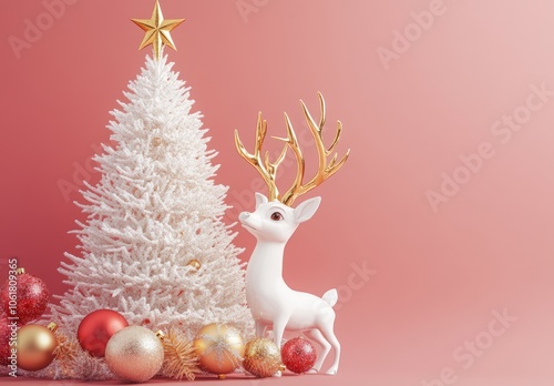 3D paper art-style Christmas background with a white and gold Christmas tree, deer hanging golden balls on a red wall, Happy New Year, Merry Christmas