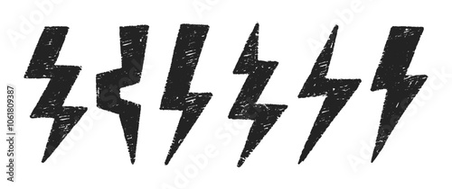 Set of lightning bolts with charcoal, pastel or crayon texture. Grunge doodle vector illustration.