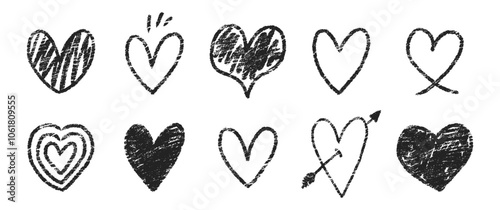 Set of hearts with chalk, pastel or crayon texture. Doodle vector illustration.