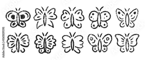 Set of butterflies with charcoal, pastel or crayon texture. Summer doodle vector illustration.