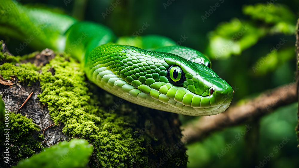 A green snake is on a mossy log A green snake is on a mossy log