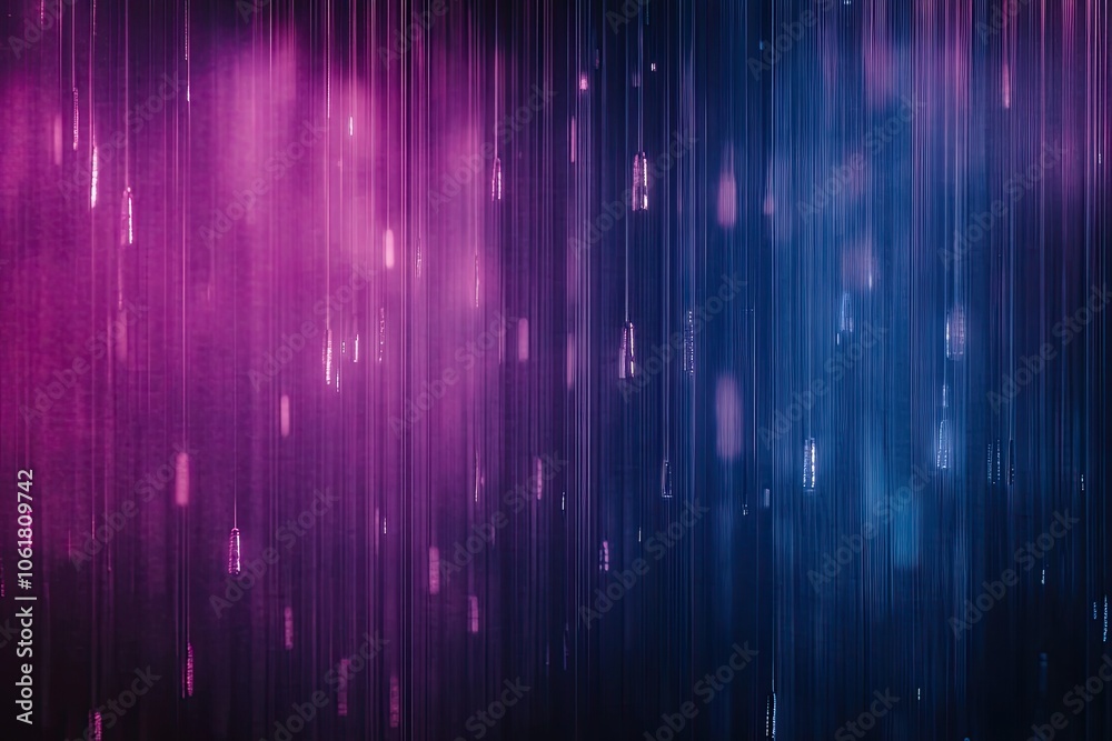 Dark background, vertical lines of blue and purple light with digital glitch effects Dark background, vertical lines of blue and purple light with digital glitch effects