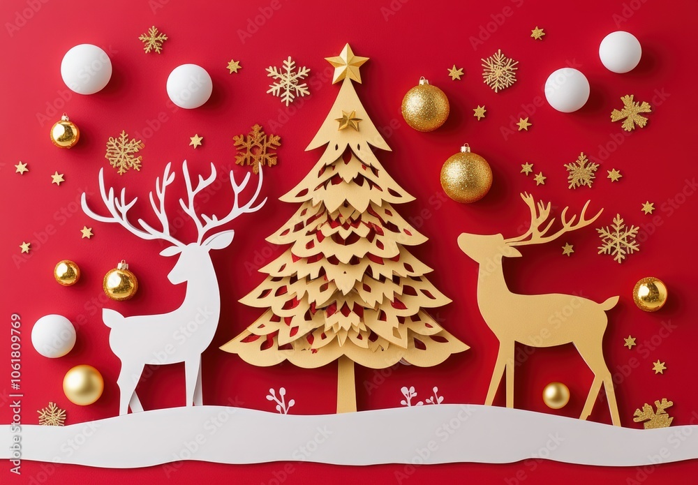 Naklejka premium 3D paper art-style Christmas background with a white and gold Christmas tree, deer hanging golden balls on a red wall, Happy New Year, Merry Christmas