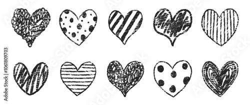 Collection of hearts with chalk, pastel or crayon texture. Hand drawn vector illustration.