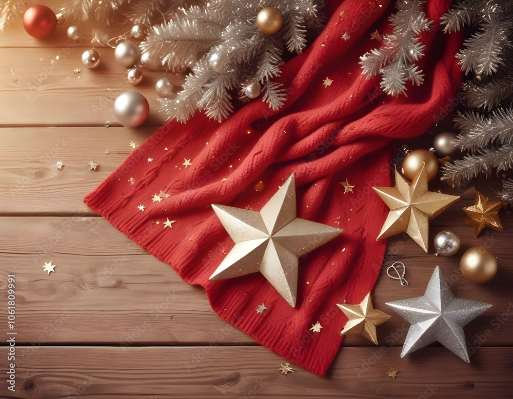 A flat lay of Christmas decorated paper, adorned with gold stars and silver ornaments, on a rustic dark wooden table, with a cozy red and white knitted scarf beside it. fir beanches, small lights, A flat lay of Christmas decorated paper, adorned with gold stars and silver ornaments, on a rustic dark wooden table, with a cozy red and white knitted scarf beside it. fir beanches, small lights,