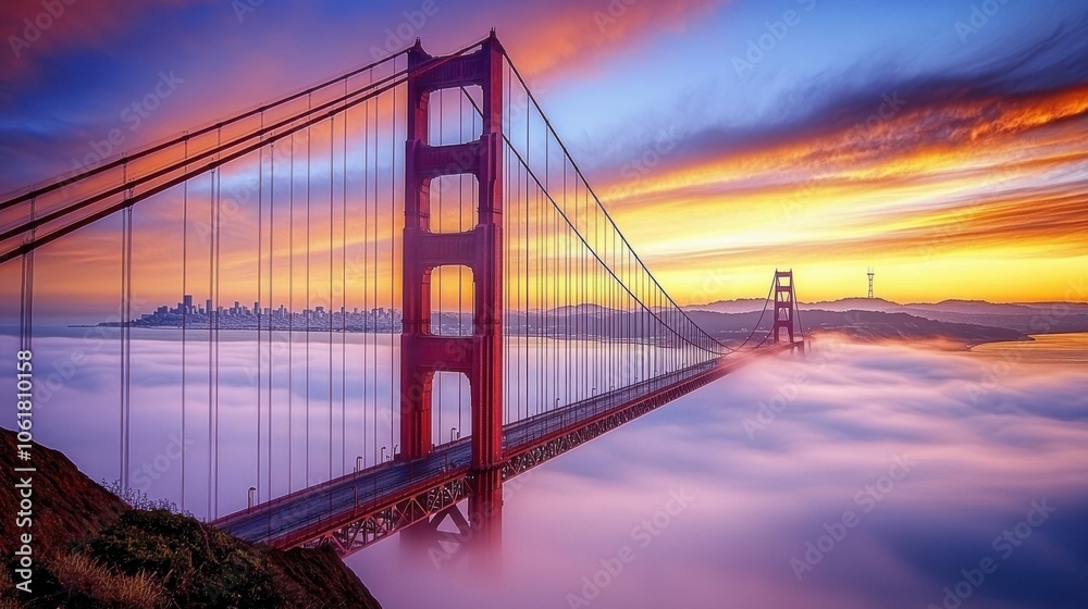 Obraz premium A stunning view of the Golden Gate Bridge at sunset surrounded by fog and the San Francisco skyline in the background