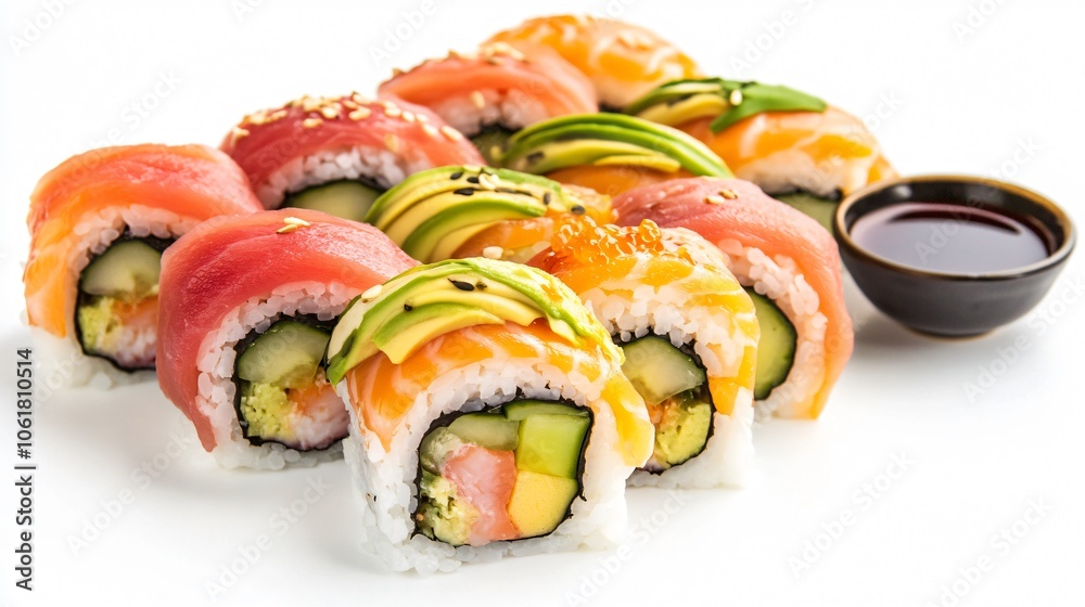 Delicious Sushi Rolls with Avocado, Salmon and Tuna Delicious Sushi Rolls with Avocado, Salmon and Tuna
