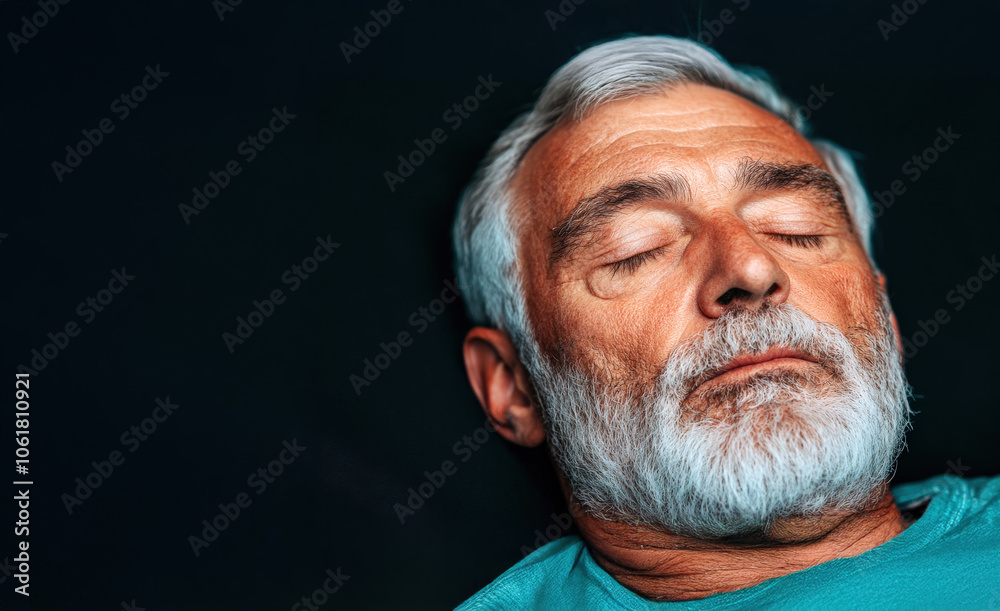 Obraz premium A serene elderly man with a gray beard, resting with his eyes closed, wearing a light-colored top against a dark background.