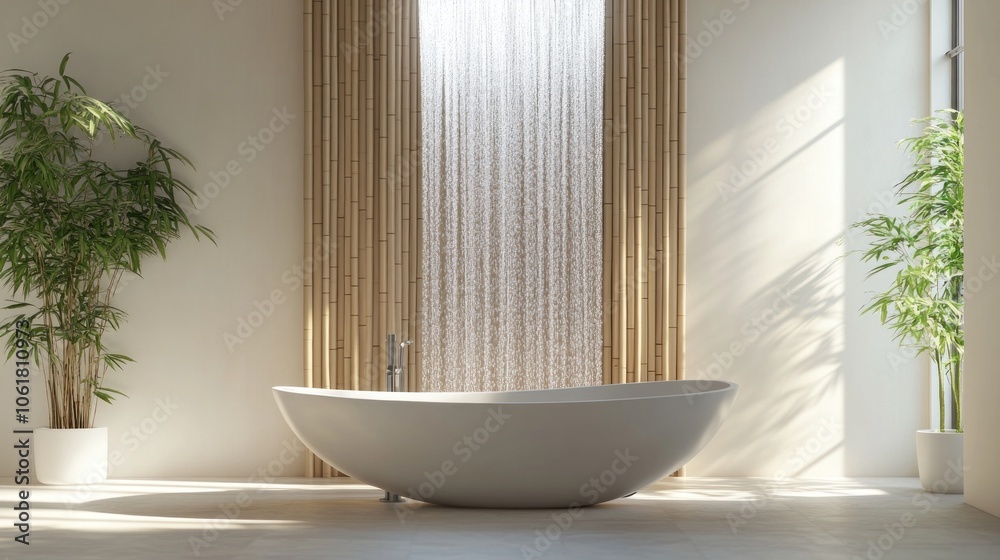 Modern Bathroom with Bamboo Wall and Bathtub Modern Bathroom with Bamboo Wall and Bathtub