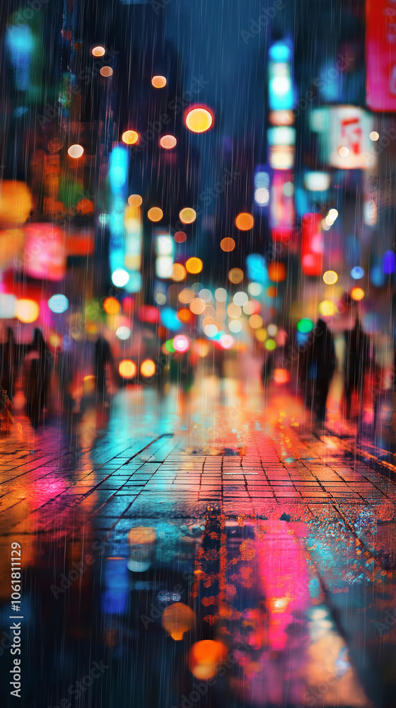 Fototapeta premium rainy night city street bright neon lights blurry background vertical backdrop mobile wallpaper bokeh pink blue yellow orange wet road silhouette of people walking raining cityscape