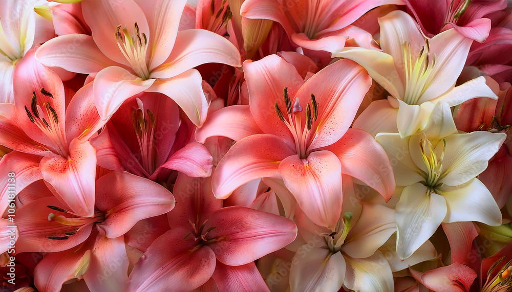 Obraz premium lily flowers, Creative background design, focus on the pile of fresh lily flowers
