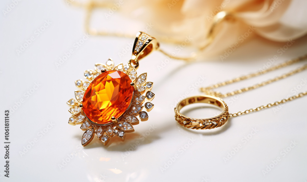 Luxury jewelry made of gold jewelry with chain with and brooch with orange emerald and diamonds and golden ring on a velvety white background. close-up macro Luxury jewelry made of gold jewelry with chain with and brooch with orange emerald and diamonds and golden ring on a velvety white background. close-up macro