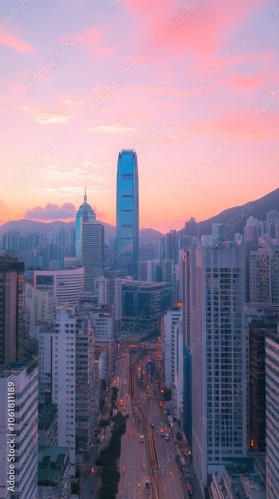 Fototapeta premium A stunning skyline view at dusk showcasing skyscrapers and city lights with a vibrant sunset in a bustling metropolis