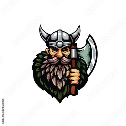 A fierce Viking warrior rendered in a retro, pixelated style, showcasing their traditional horned helmet, axe, and fur cloak.