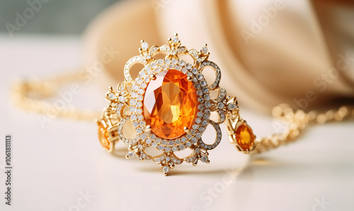 Luxury jewelry made of gold jewelry with chain with and brooch with orange emerald and diamonds on a velvety white background. close-up macro