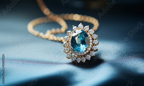 Beautiful elegant luxury composition of gold jewelry on chain with brooches with blue emerald gemstone and diamonds on light background close-up macro.