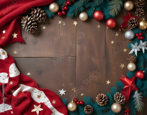 A flat lay of Christmas decorated paper, adorned with gold stars and silver ornaments, on a rustic dark  wooden table, with a cozy red and white knitted scarf beside it. fir beanches, small lights,  photo