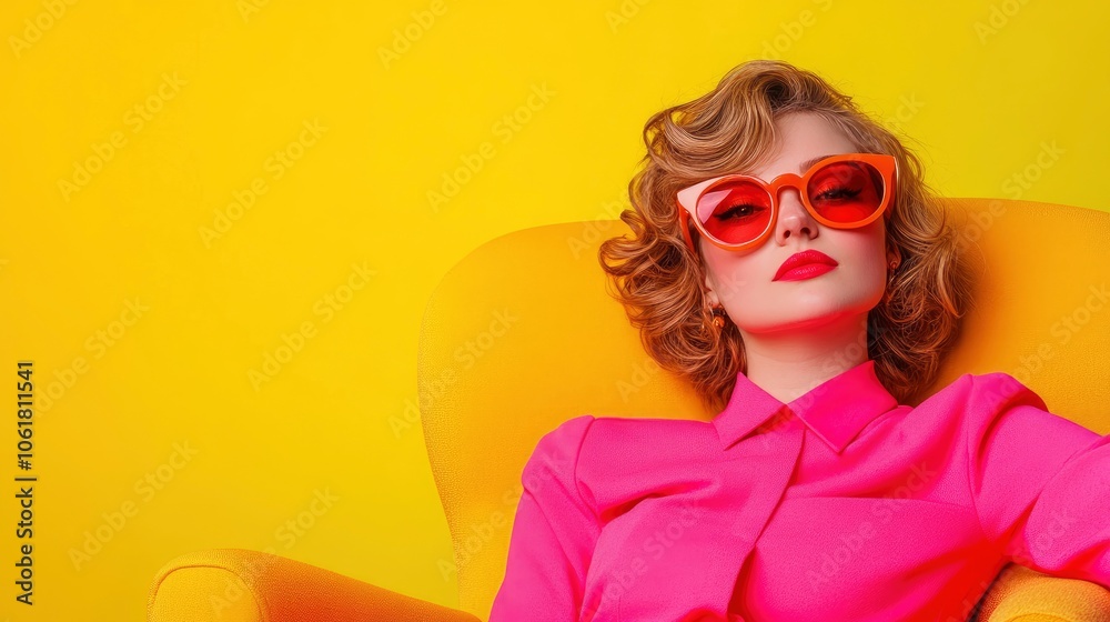 Stylish Woman in Pink Shirt and Sunglasses Relaxing in a Yellow Armchair