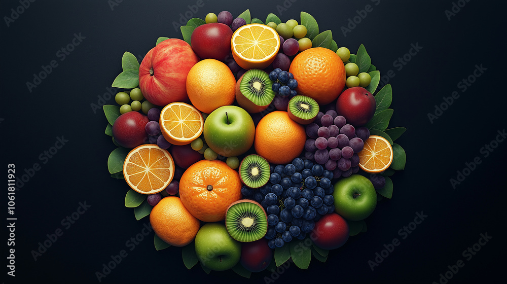A 3D rendered image featuring an assortment of fruits such as apples, oranges, grapes, and kiwi, arranged elegantly in a circular pattern on a solid, matte background. A 3D rendered image featuring an assortment of fruits such as apples, oranges, grapes, and kiwi, arranged elegantly in a circular pattern on a solid, matte background.