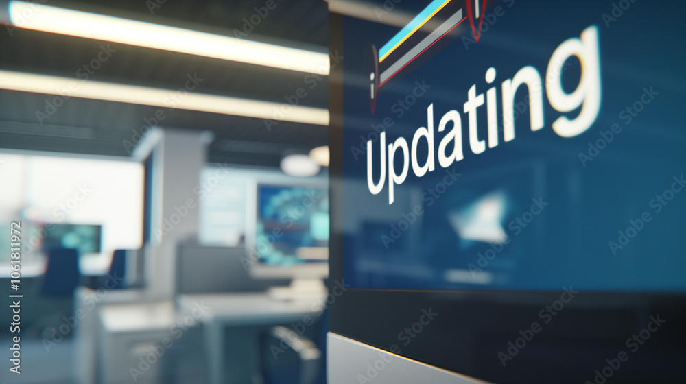 Close-up of computer screen showing software update progress bar with Close-up of computer screen showing software update progress bar with