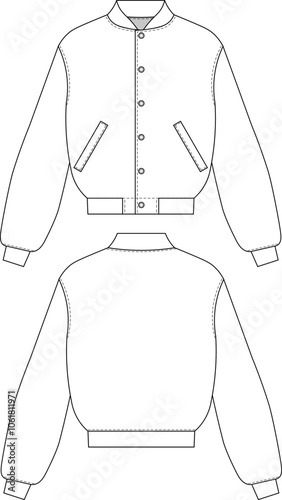 with pockets stand up collared collar balloon long sleeve elastic hem buttoned slouchy bomber sport jacket template technical drawing flat sketch cad mockup fashion man unisex woman design style  
